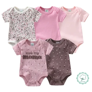 5pcs Baby Girl Short Sleeve Jumpsuit, Cotton